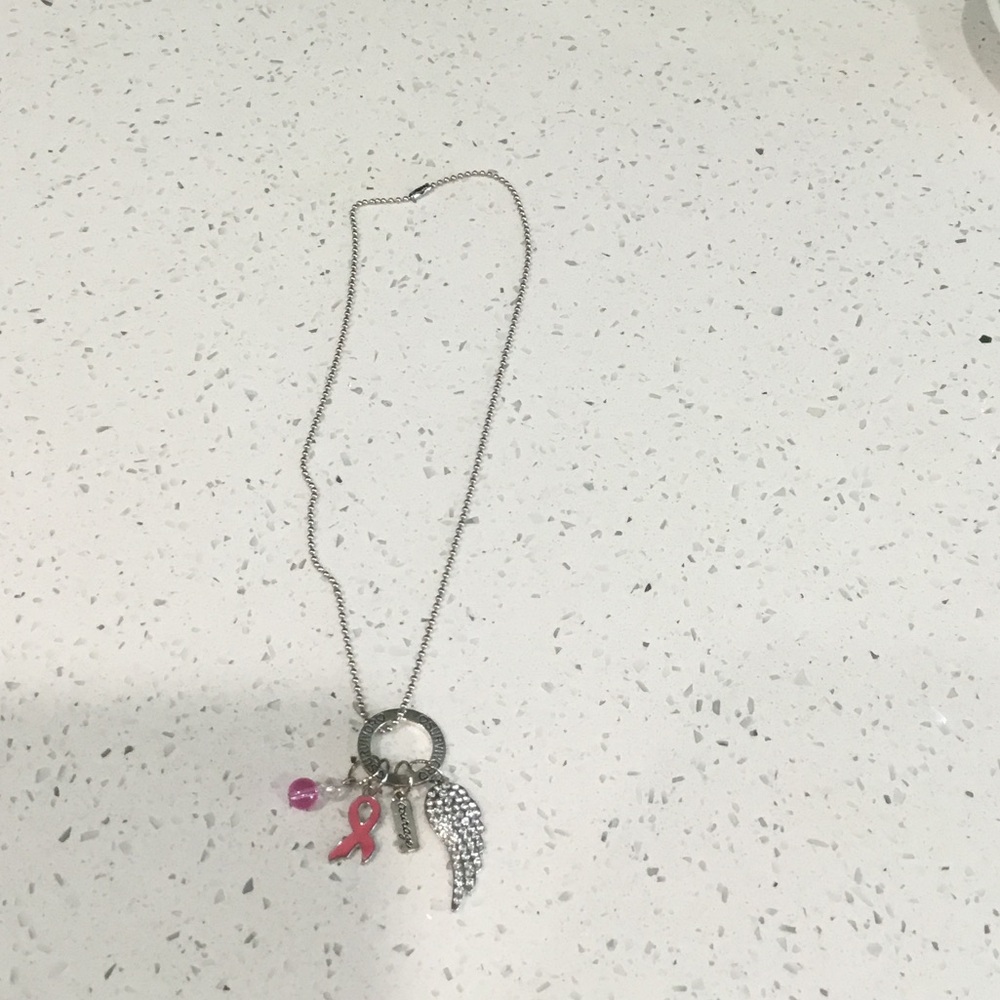 Silver-Tone Pink Ribbon Charm Necklace with Crystal Wing